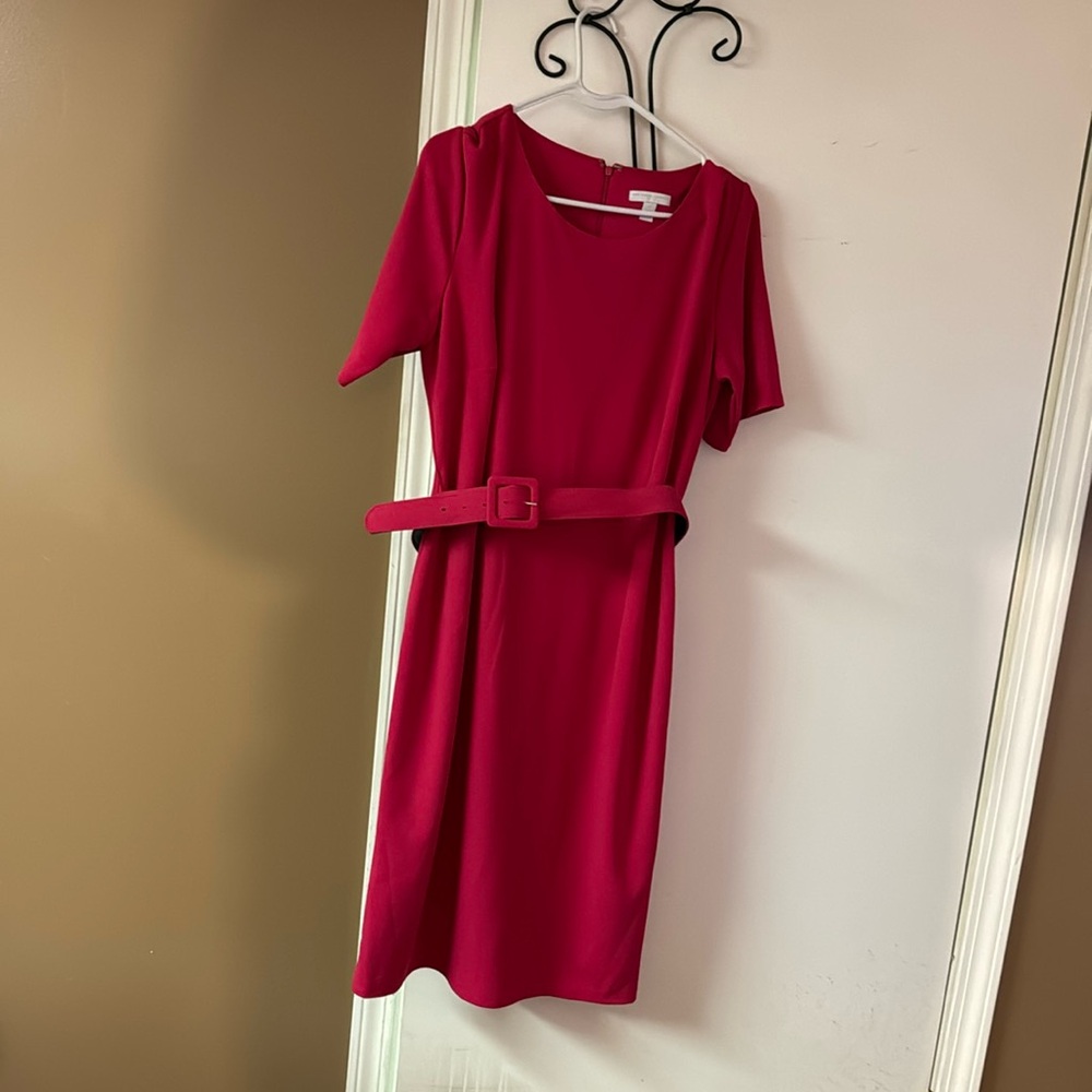 Hot pink belted dress.